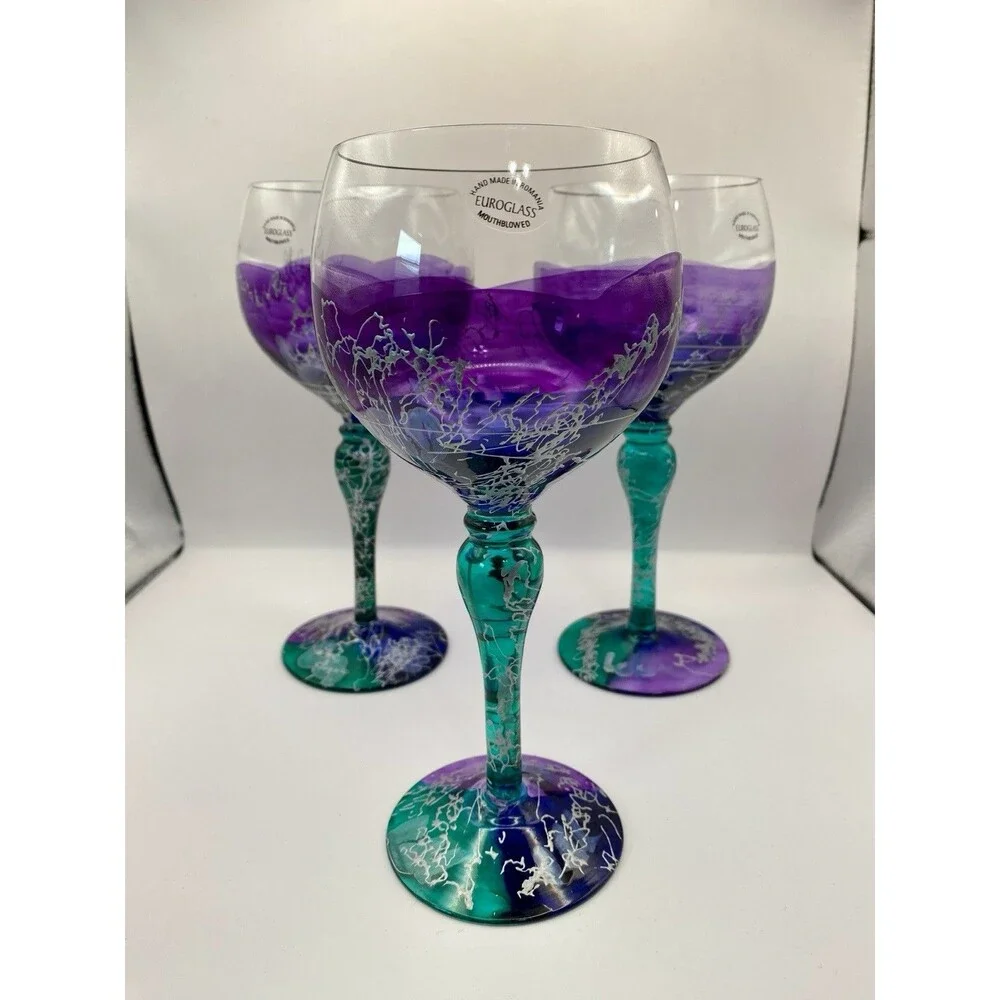 3 Euroglass Wine Glasses Goblets Purple Green/Teal Silver Abstract Romania